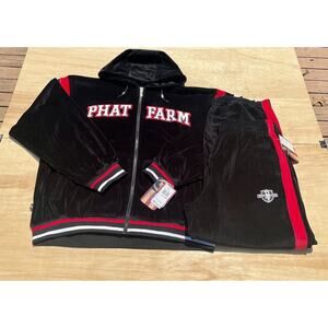 PHAT FARM Velour Hoodie Jacket Zip Up Pull Over 2 Piece Set Men's Black SIZE 2XL